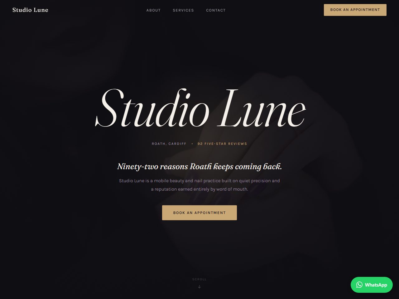 Homepage of the mobile beautician site we built for Studio Lune