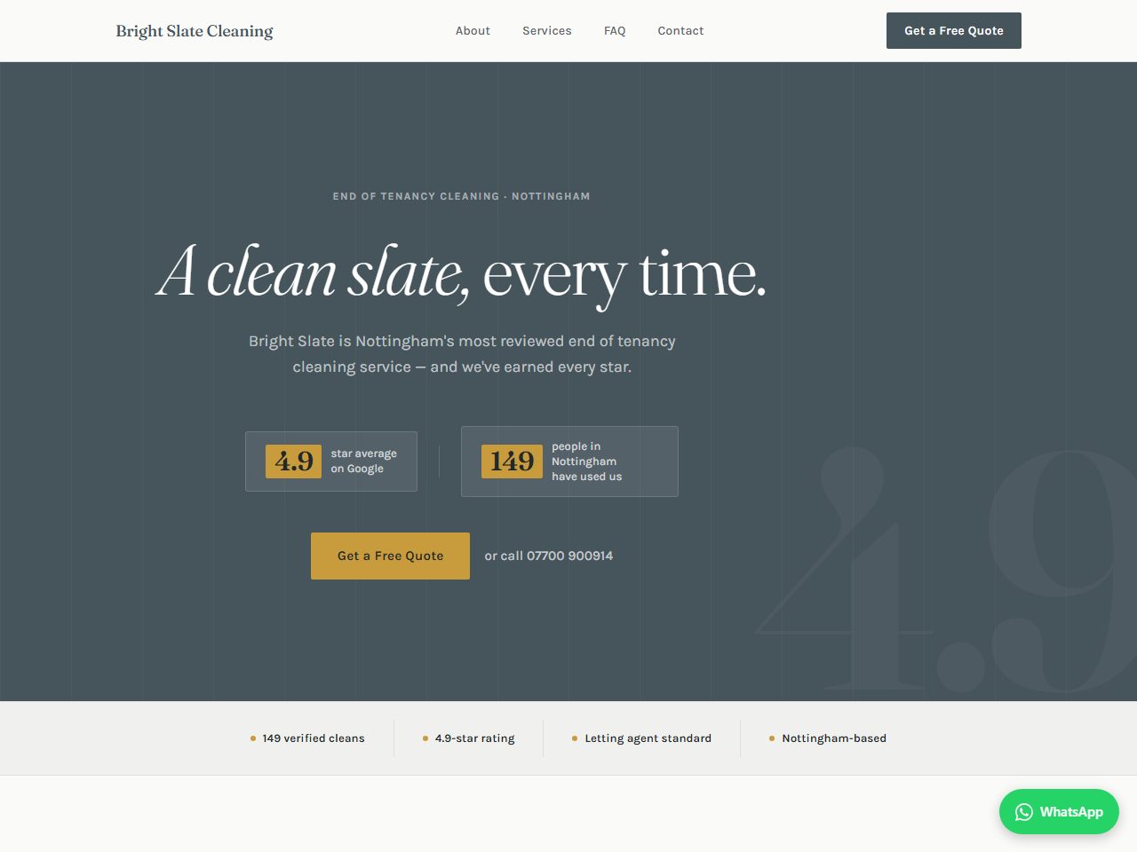 Homepage of the end of tenancy cleaner site we built for Bright Slate Cleaning
