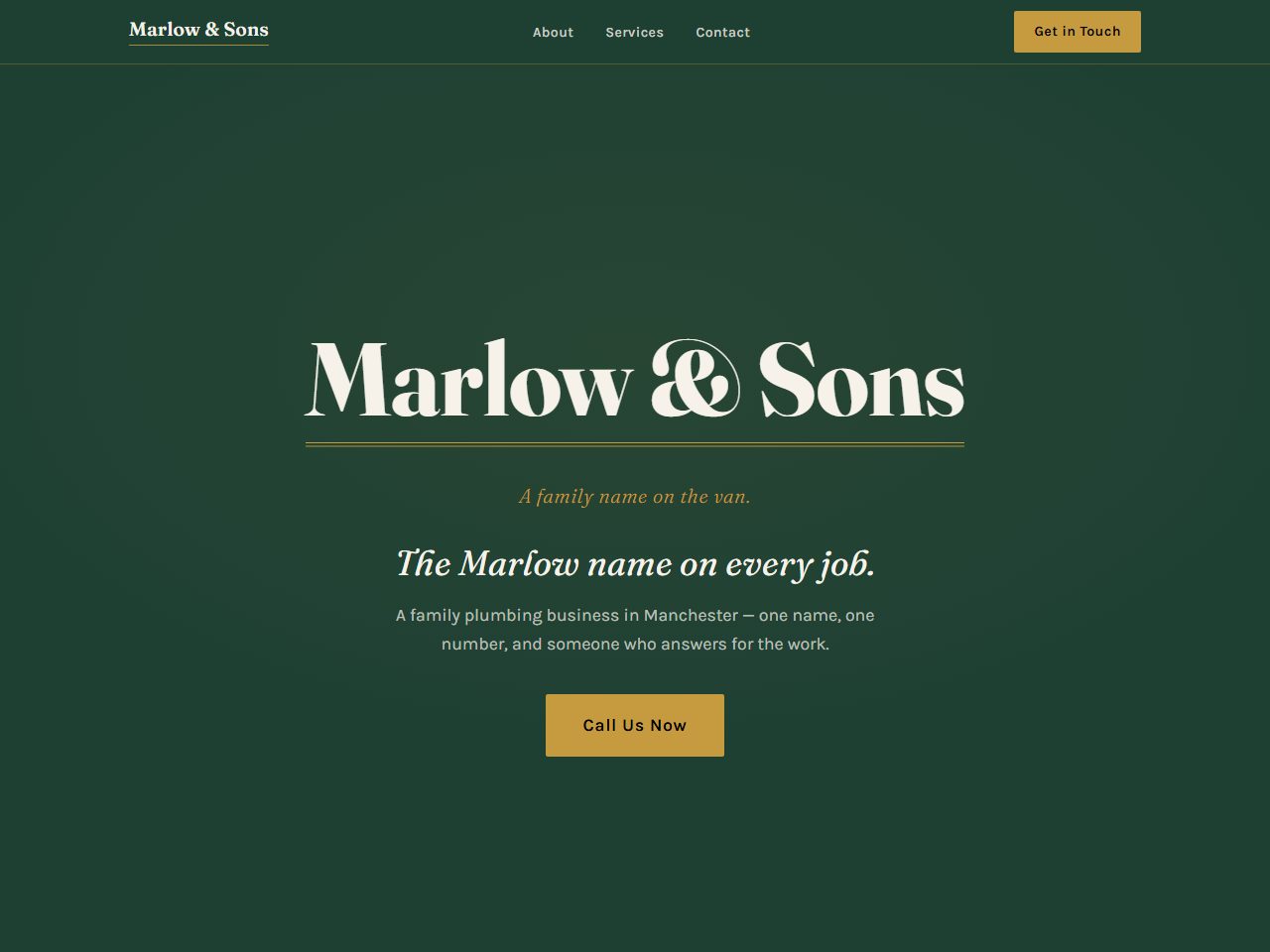 Homepage of the plumber site we built for Marlow & Sons Plumbing