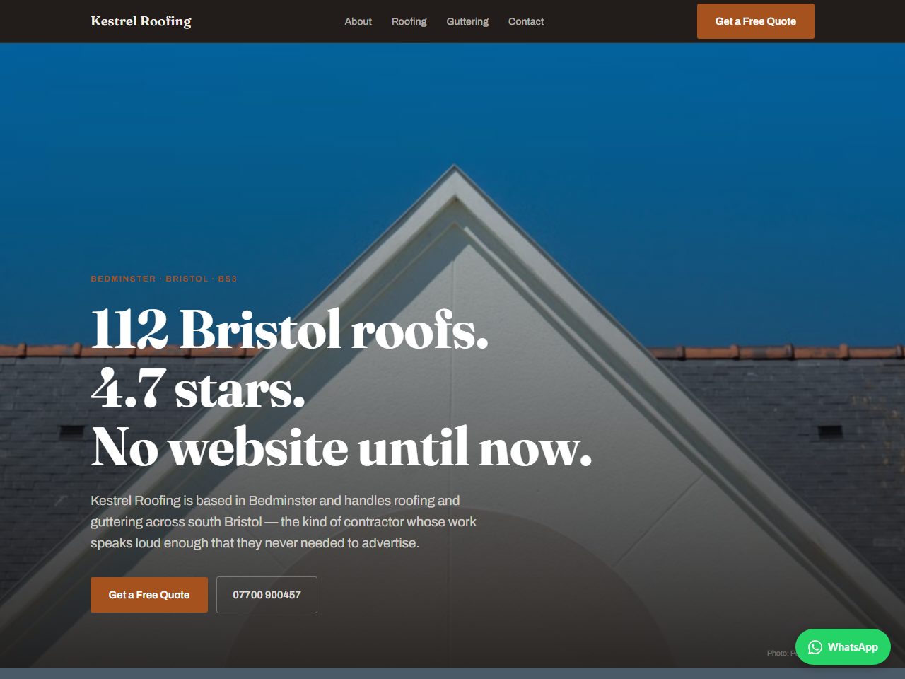 Homepage of the roofer site we built for Kestrel Roofing